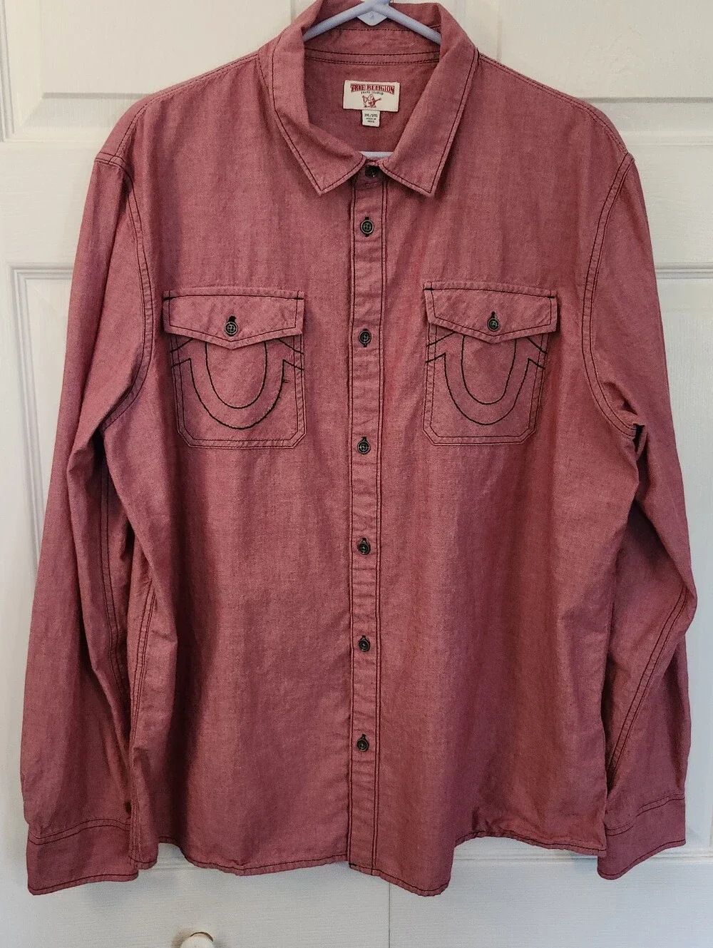 True Religion Western LS Utility Button Embroidered Cotton Red Mens Size 2XL EUC